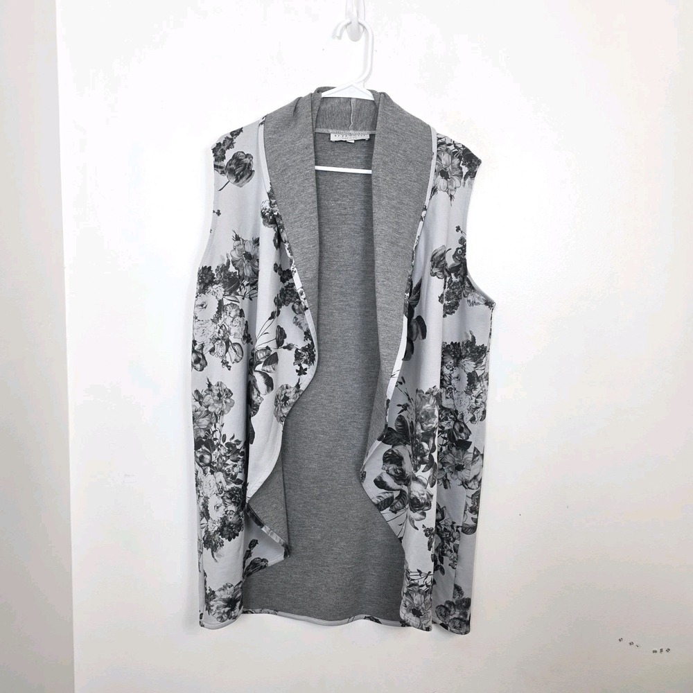 Bryn Walker Gray Floral Lagenlook Artsy Transitional Duster Shawl Vest Size M